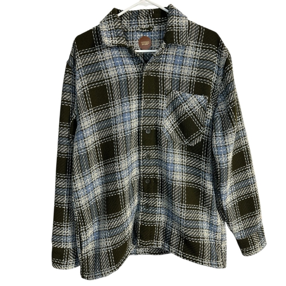 Common People Lake Overshirt Button Jacket Shacket Blue Green White Woven Medium